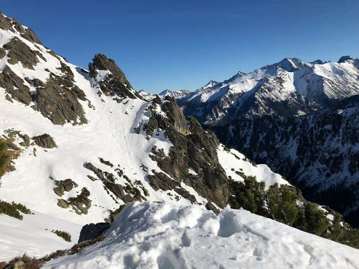 Scenic view of snowcapped mountains against clear sky