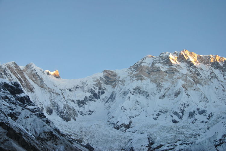 Scenic view of snowcapped annapurna mountains against clear sky