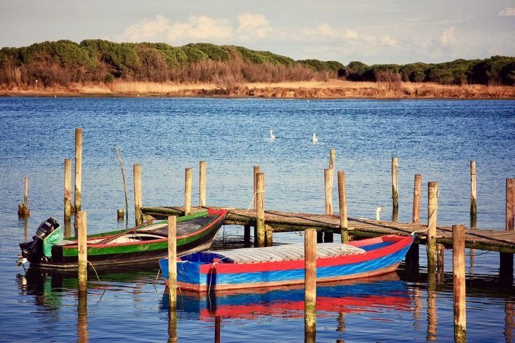 Boats moored on beach against sky