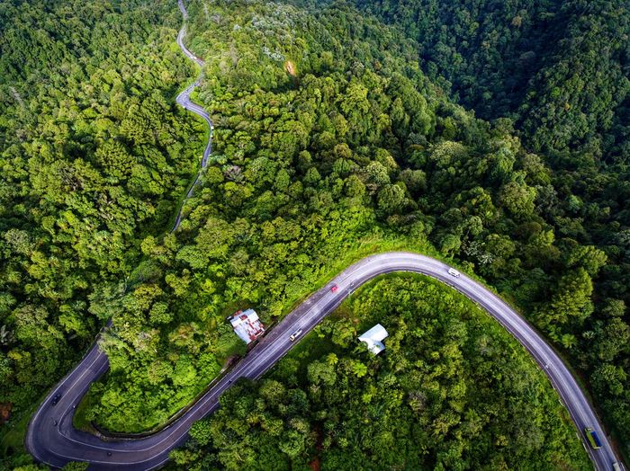 Aerial view of winding road on mountain