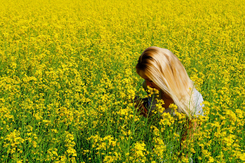 High angle view of woman amidst oilseed plants on field