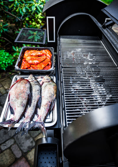 High angle view of fish and meat by barbeque