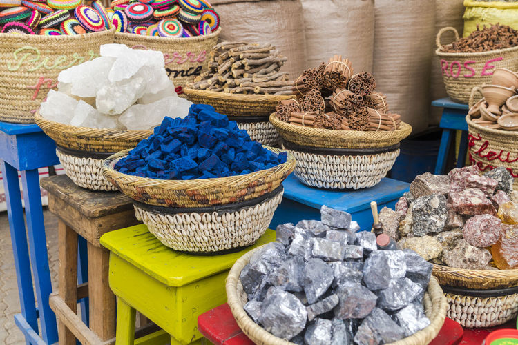 Spice shop in medina selling kohl, different natural stones and spices