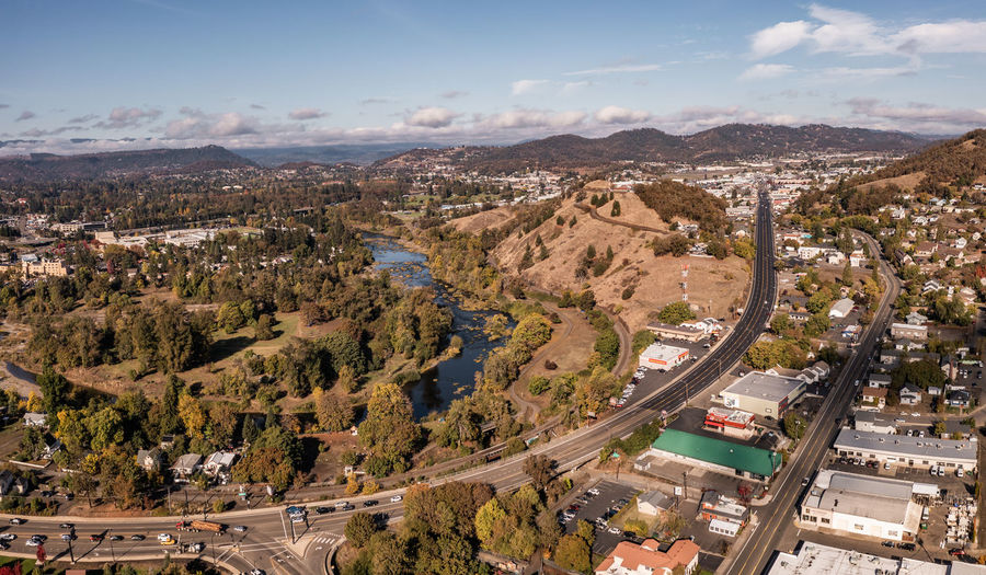 Umpqua river in roseburg, oregon. aerial view.