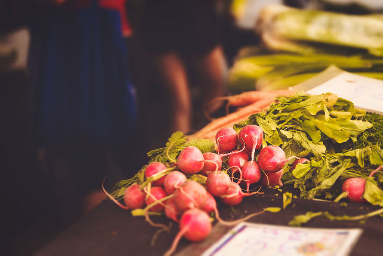 Close-up of radishes at market stall