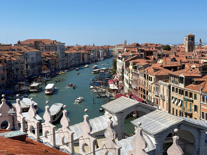 Canal grand venice. high angle view of buildings by sea against clear sky