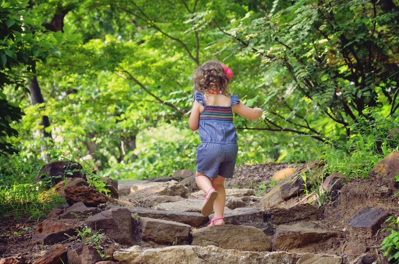 Full length rear view of girl walking on rocks in forest