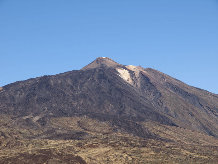 Scenic view of volcanic mountain against clear blue sky