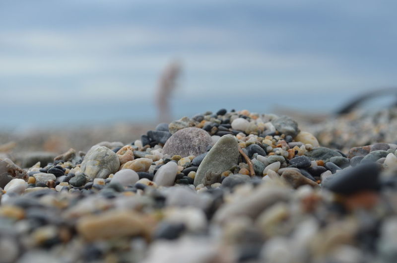 Close-up of pebbles on beach against sky