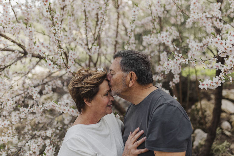 Senior man kissing woman by blossoming tree