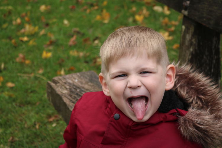 Portrait of boy with sticking out tongue at park