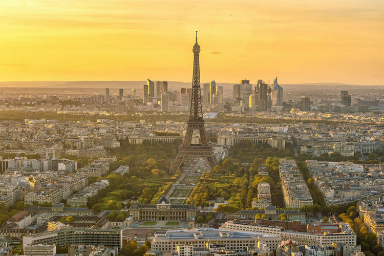 High angle view of cityscape against sky during sunset
