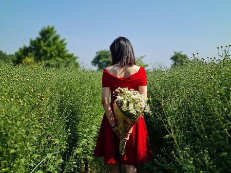 Rear view of woman standing on field against sky