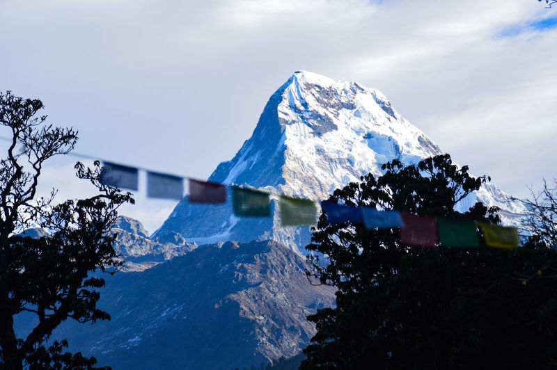 Prayer flags against mountains during winter