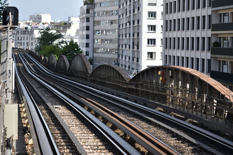 Railroad tracks amidst buildings in city