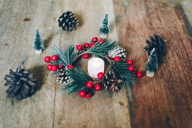 Directly above shot of christmas decorations on table
