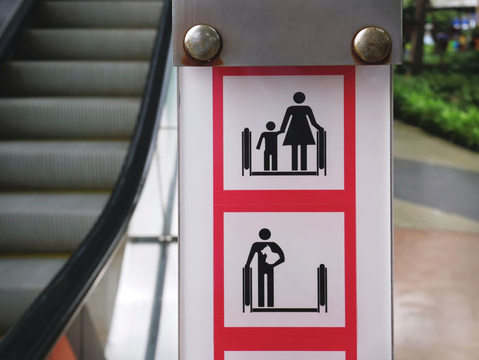 Pictogram warning suggestion signs for the escalator