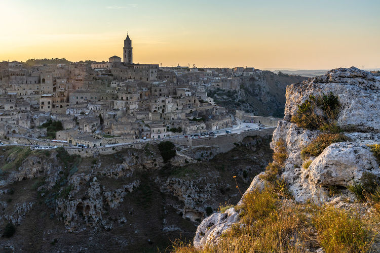 Scenic view of matera sassi district from the viewpoint of belvedere murgia timone