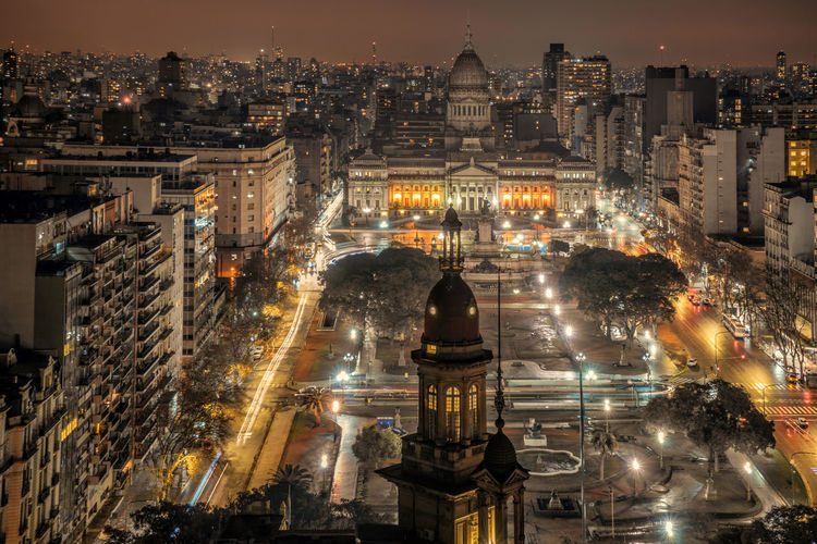 Illuminated national congress of argentina and cityscape at night