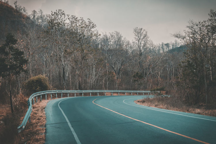 Empty road by trees against sky