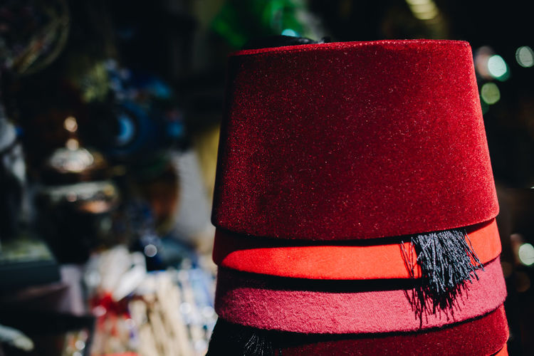 Turkish traditional red hat fez, fes or tarboosh with arabic or