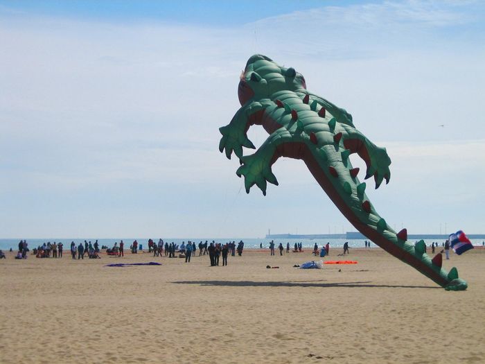 Crocodile shaped kite flying at beach during festival
