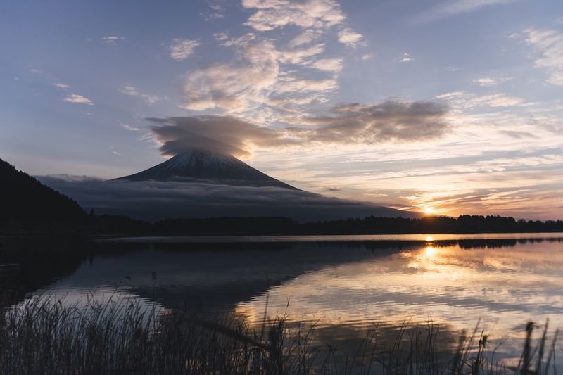 Scenic view of lake against sky at sunset