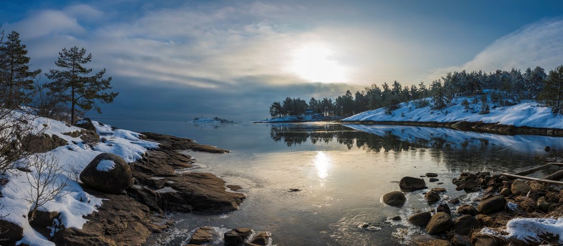 Scenic view of snowcapped mountains against sky during winter
