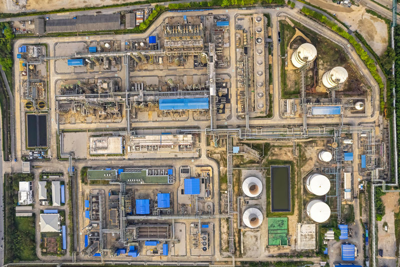Aerial view of farm oil tanks and gas station with petroleum chemical fuel.