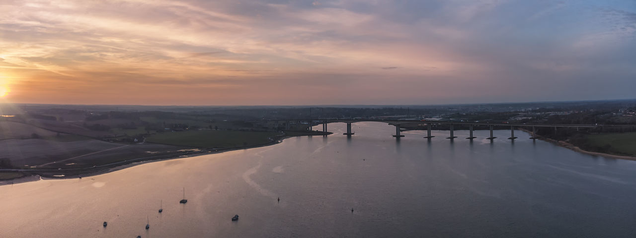 View of the river orwell from a drone at sunset in suffolk, uk