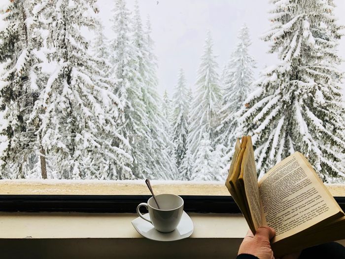 Hand holding a book with a white cup placed on plate near a window through which you can see  forest