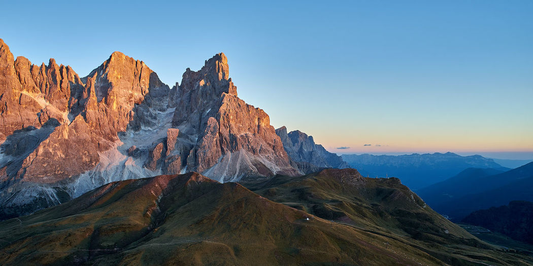 Panoramic view of rocky mountains against clear sky