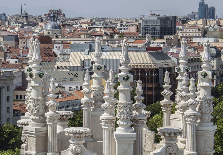 Skyline of madrid, spain, europe. view from the tower of cybele palace. houses, colorful rooftops. 