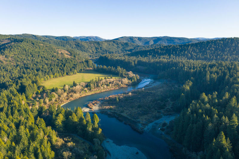 Aerial of smith river and coastal redwoods in northern california. 