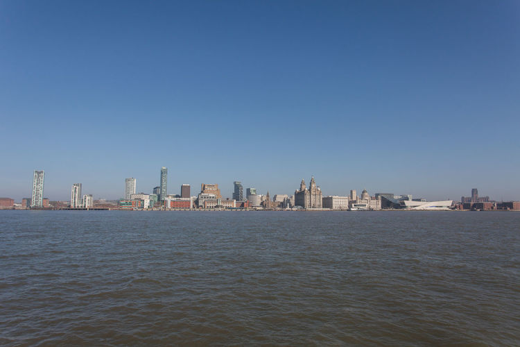 Scenic view of sea and cityscape against clear sky