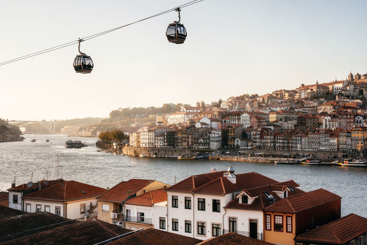 Cable cars hanging over river and cityscape against clear sky