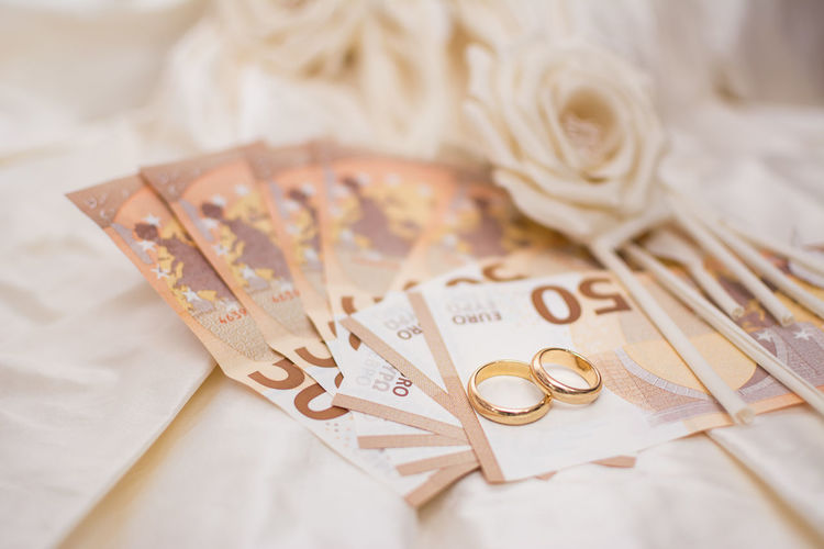 Close-up of wedding rings and paper currency on dress