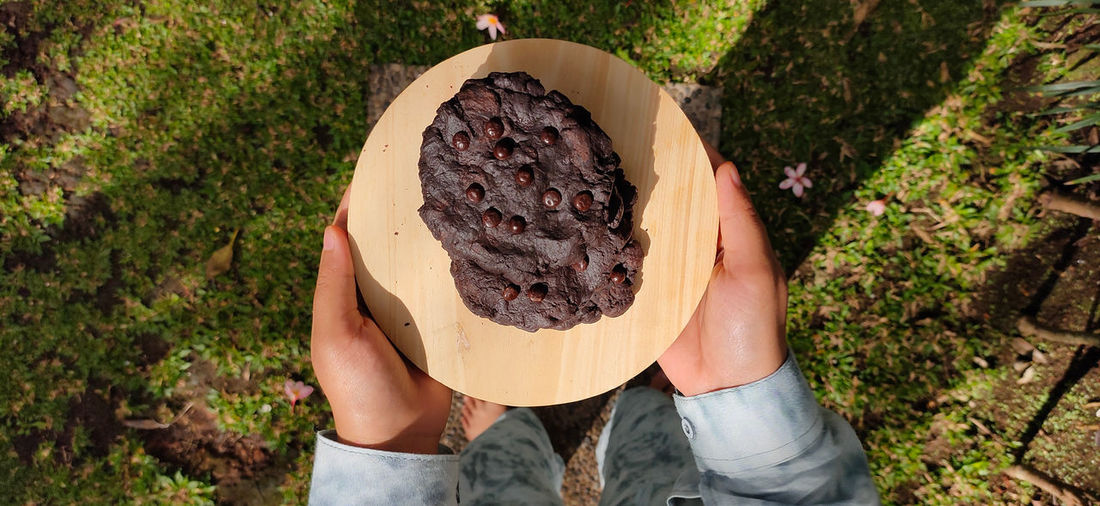 High angle view of woman holding with two hands of chocolate cookies on wood board againts grass 