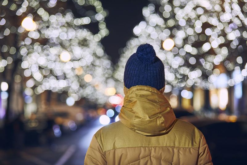 Rear view of person standing by illuminated tree at night