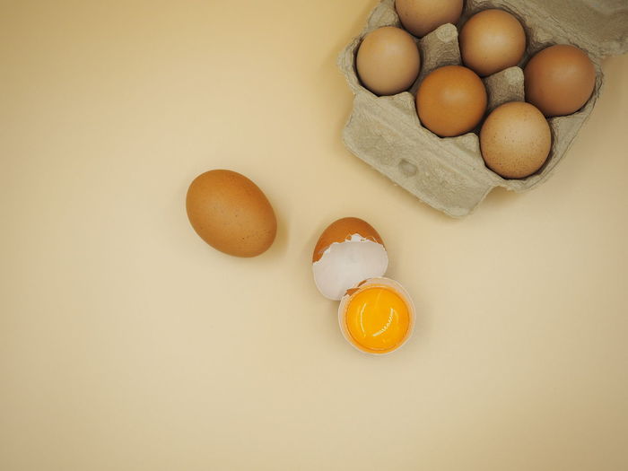 High angle view of eggs on table