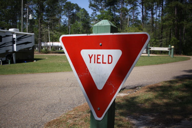 Close-up of yield sign at roadside