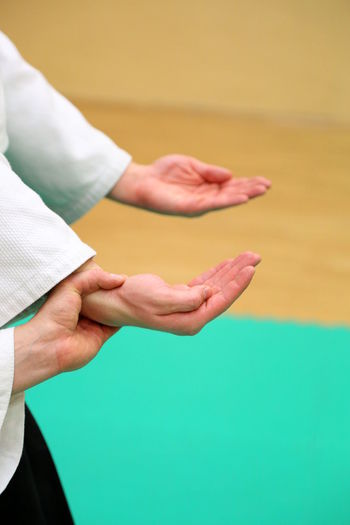 Cropped image of man with trainer practicing aikido