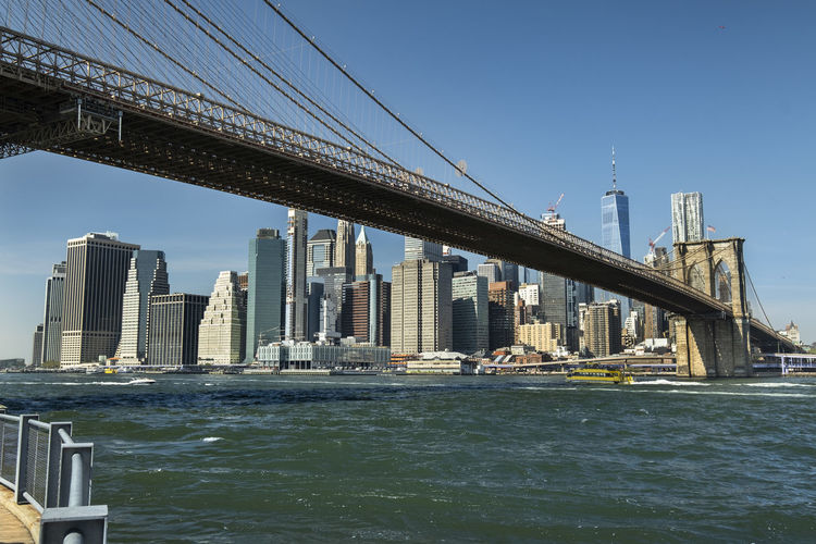View of suspension bridge with city in background