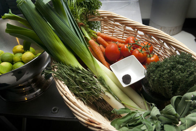 High angle view of vegetables in basket in kitchen