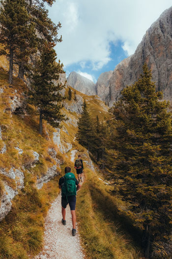Rear view of man walking on mountain