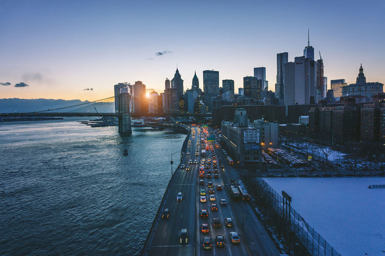 City skyline at sunset