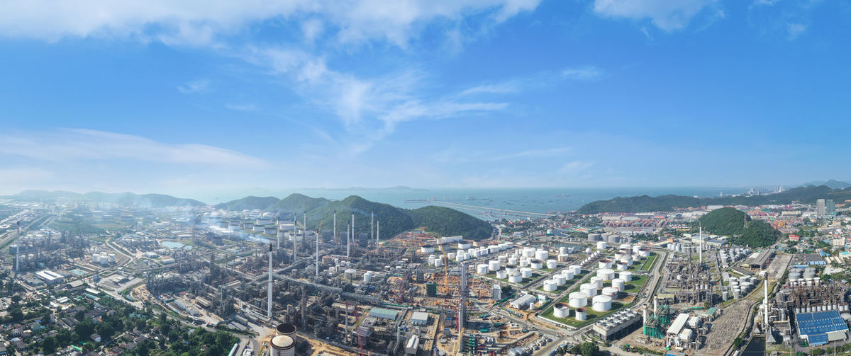 Panorama landscape oil refinery plant industry zone, aerial view oil and gas petrochemical 