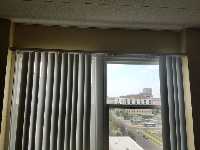 Buildings seen through window