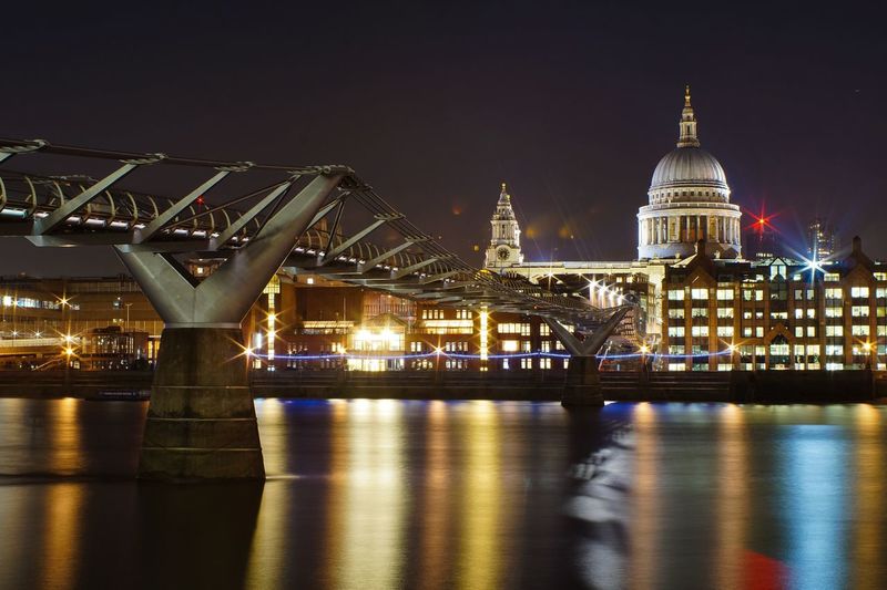 Millennium footbridge by st paul cathedral at night