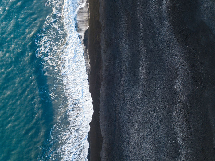 Scenic and abstract aerial view of the famous reynisfjara black beach in vik, iceland